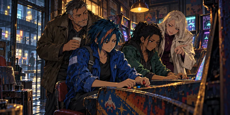 Leila and Anna play battered upright arcade cabinets while Don watches with a coffee and Liz offers advice. Rain streaks the windows behind them.
